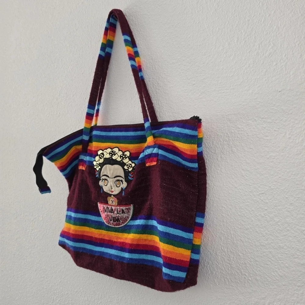 Made In Mexico , Sarape Woven Tote Purse , Zipper Closure,  FRIDA KAHLO
